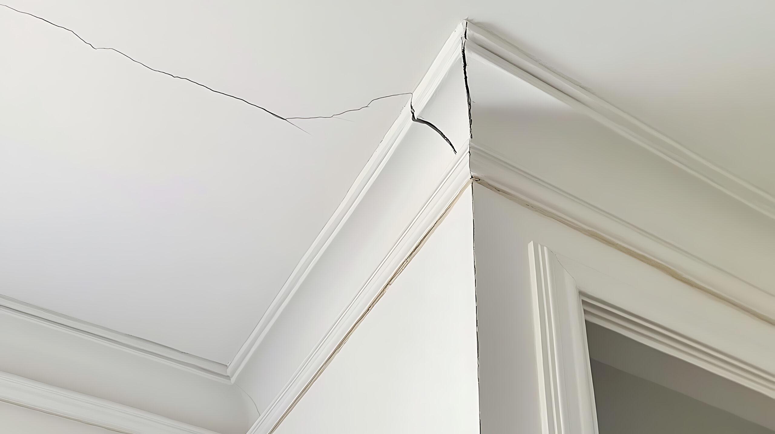 Cracked Ceiling and Trim: A close-up view reveals a damaged white ceiling with a significant crack extending along the molding and the corner where it meets the wall.